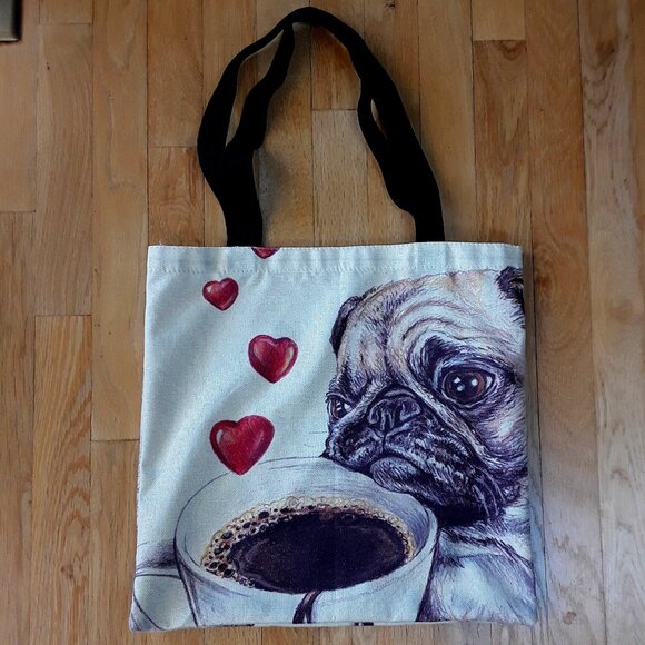 Pug, Hearts & Coffee Canvas Tote Bag - like new! - Picture 2 of 2